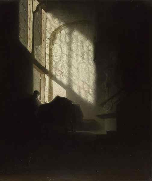 Painting of a person sitting in shadow with light coming through a large window
