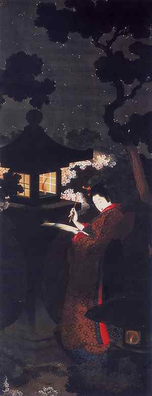 Katsushika Ôi, Girl Composing a Poem under the Cherry Blossoms in the Night, Menard Art Museum, middle of the XIX century
