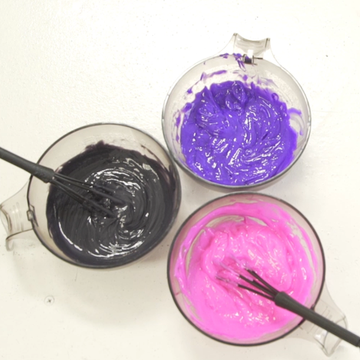 Brite semi permanent hair dyes in mixing bowl purple pink grey