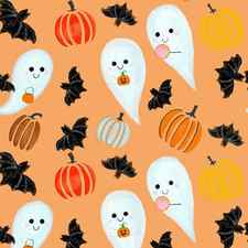 Halloween background watercolor illustration with ghosts, bats and pumpkins by Mounir Khalfouf