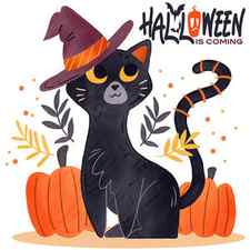 Halloween is coming, watercolor drawn cat, halloween illustration, halloween black cat and pumpkins by Mounir Khalfouf