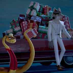 mr wolf and mr snake load presents into a car in a scene from the bad guys a very bad holiday