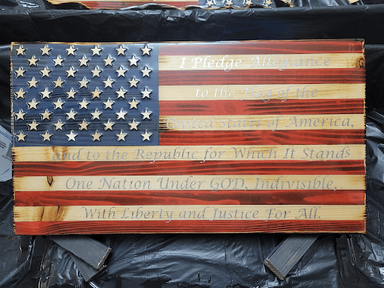 Rectangular wooden American flag featuring the pledge of allegiance