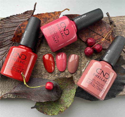 CND Shellac COLORWORLD Reds, Maple Leaves, Toffee Talk, Love Letter, fall image by Fee Wallace