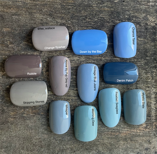 CND Shellac color comparioson picture by Fee wallace for Above My Pay Grey-ed, Vintage Blue Jeans, Frosted Sea Glass, compared to other Shades in the existing range