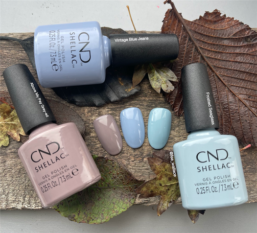 CND COLORWORLD blues, Shellac Vintage Blue Jeans, Above My Pay Grey-ed, Frosted Seaglass, fall autumn picture by Fee Wallace