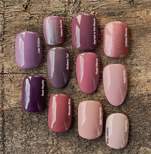 Comparison picture by Fee Wallace for CND Shellac Mulberry Tart, Rose-mance, Petal Party, compared to other shades in the existing range