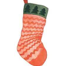 Orange striped Christmas stocking with evergreen tree patterned top by Joanna Szmerdt