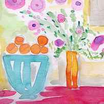 Oranges in Blue Bowl- watercolor painting by Linda Woods