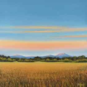 Distant Mountains - Blue Sky Gold Field Landscape thumb