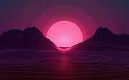 sunset pink sun, abstract landscape, neon lights, art, creative, HD wallpaper