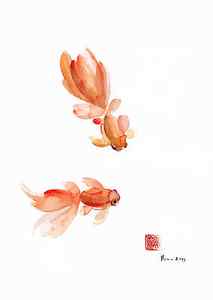 Wall Art - Painting - PISCES Zodiac Fishes Orange Red Pink Fish Water Goldfish watercolor painting by Mariusz Szmerdt