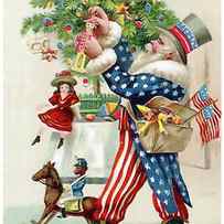 Patriotic Santa Claus is decorating a Christmas tree by Long Shot