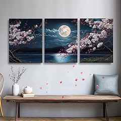YokiMino Cherry Blossom Moon Lake Landscape Framed Canvas Wall Art Set of 3 - Japanese Aesthetics Floral Art Print for Liv. 