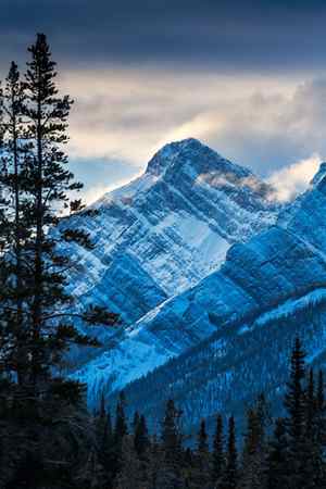 A vertical winter scene with snow blowing off the mountains in the Canadian Rocky Mountains