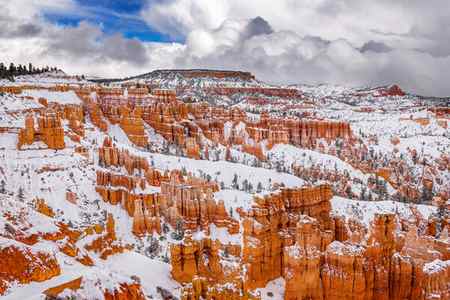 Winter scene with snow on the amphitheater in Bryce Canyon National Park, Utah