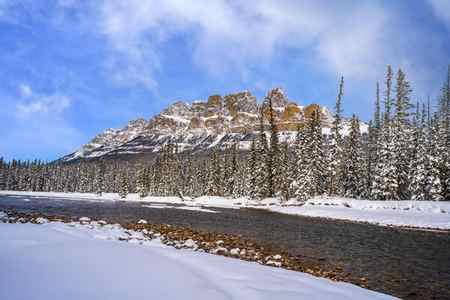 Castle Mountain behind the Bow River on a bright morning