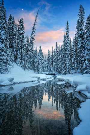 A sunset sky reflecting in the river lined by snow-covered trees in Canada