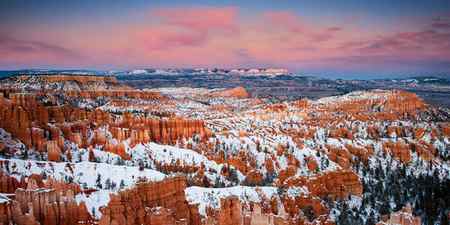 Panoramic view of sunset colors over the hoodoos in Bryce Canyon National Park, Utah