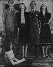 Image detail from a 1939 newspaper of a four standing figures (boy, girl, boy, girl) with their hands behind their backs and apples in their mouths. A young woman is seated just below looking up at them with a pencil in hand. 