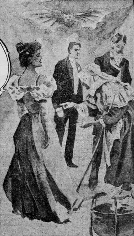 Drawn mage detail from a 1899 San Francisco newspaper of a women dressed in evening attire and hair up in a bun looking at an old woman who is hunched over and adorned in a layered robe-like dress and bonnet. The old woman