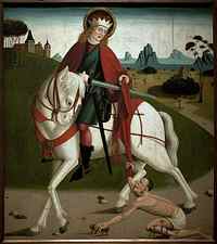 Saint Martin and the beggar. He cut his coat to give it to a beggar. anonymous painting, around 1490. Magyar Nemzeti Galleria, Budapest, Hungary.