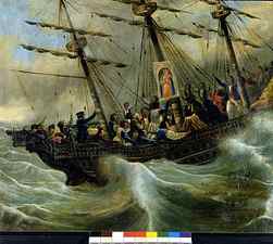Sinking of a Swiss emigrant ship. Ex voto of 1856 from the sanctuary of the Madonna del Sasso in Locarno. Painting attributed to Giovanni Antonio Vanoni.