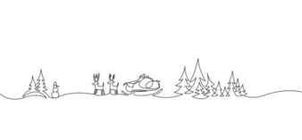 Christmas landscape continuous one line vector drawing santa in sleigh with deers trees snowdrifts snowman