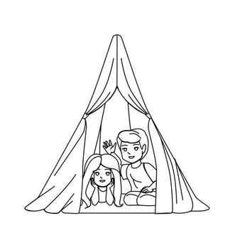 Tent kid vector room family boy girl home children play teepee house indoor tent kid character people black line pencil drawing vector illustration Vector Illustration