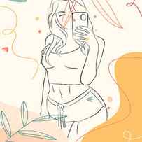 Minimalist Sexy Young Woman Taking A Selfie, Minimal Floral Ornament And Abstract Shapes, Hand Drawn by MOUNIR KHALFOUF