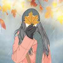 Autumn and the beautiful woman with her long pink coat, Wall Art Girl Holding Leaves in Autumn by MOUNIR KHALFOUF