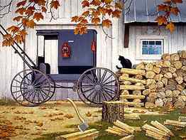 Amish Autumn, wood, cart, leaves, painting, fall, cottage HD wallpaper
