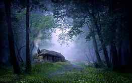 Old Stone Cottage in the Misty Woods HD wallpaper
