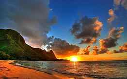 Sea, Nature, Sunset, Mountains, Sun, Clouds, Beach, Shore, Bank, Evening, Calm HD wallpaper