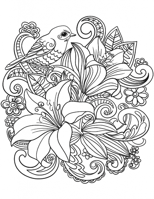 Bird Bouquet Floral Coloring Pages For Adults