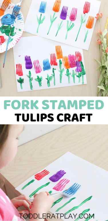 Several pieces of paper have tulips that are made from different colored paints dipped in the top part of forks to make the flower head. green stems and leaves are painted underneath.