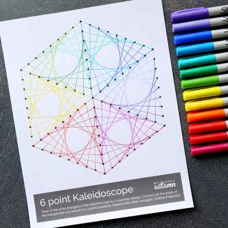 Printable line art template filled in with different colors and colored Sharpie pens