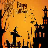 Halloween illustration with silhouette of castle and dead trees near cemetery crosses by MOUNIR KHALFOUF