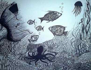 Wall Art - Drawing - Under water- Pen and Ink by Preetha Jayachandran