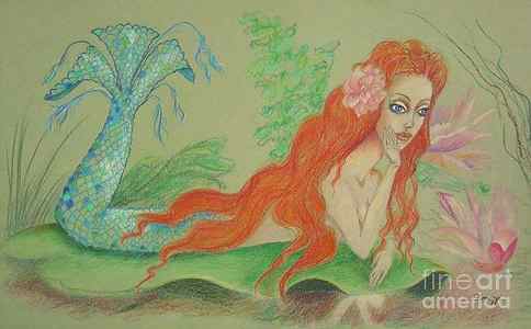 Wall Art - Drawing - Sea Siren, Resting -- Whimsical Mermaid Drawing by Jayne Somogy