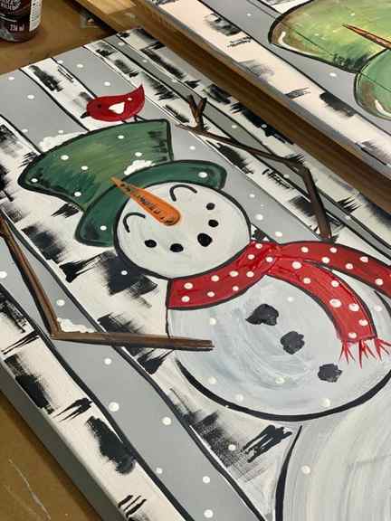 Snowman and birch trees painting