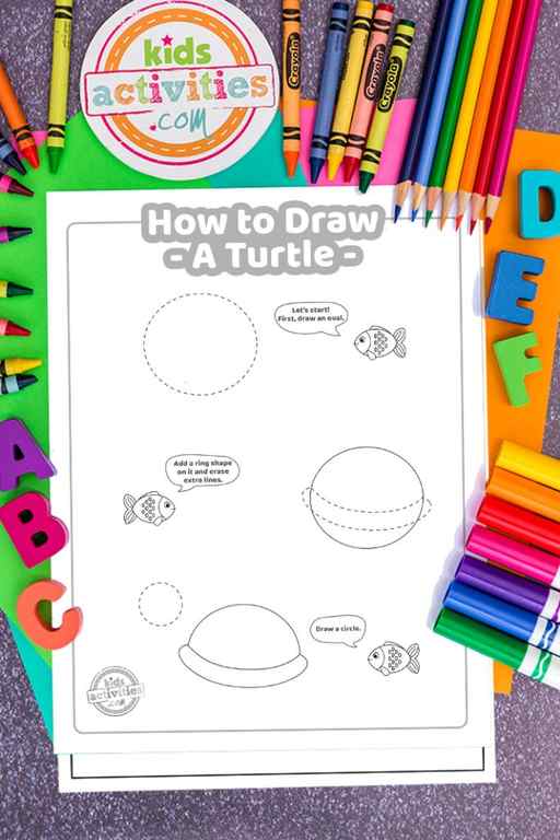 step by step turtle drawing tutorial steps 1-3 on a dark decorative background with alphabet, crayons, markers, and pencils with kids activities blog logo