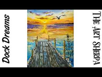 Sunset over Water with pier Acrylic Painting on Canvas for Beginners
