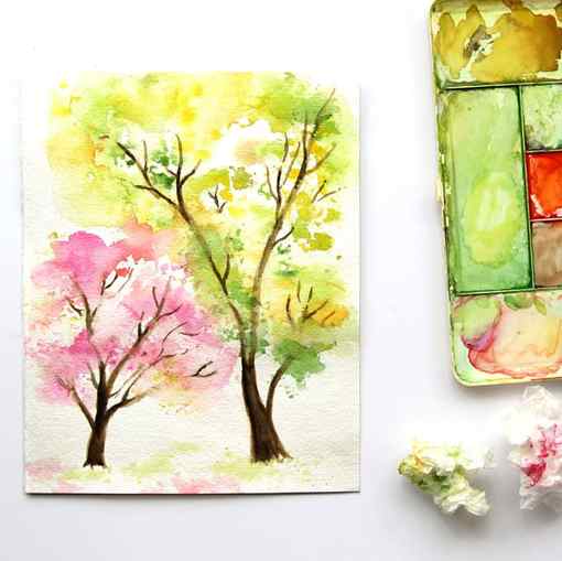 Easy and fun tutorial on how to paint a beautiful spring tree watercolor painting using crumpled paper! Follow the video tutorial. No art experience needed! A Piece of Rainbow Blog