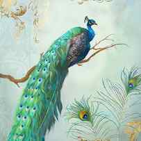 Regal Peacock 1 on Tree Branch w Feathers Gold Leaf by Audrey Jeanne Roberts