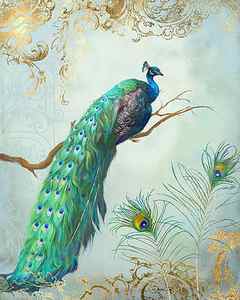 Wall Art - Painting - Regal Peacock 1 on Tree Branch w Feathers Gold Leaf by Audrey Jeanne Roberts