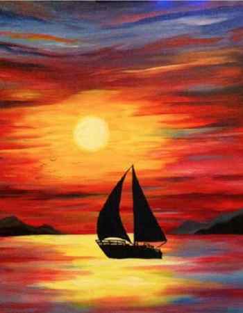 Easy Landscape Painting Ideas for Beginners, Easy Seascape Painting Ideas for Beginners, Easy Acrylic Painting Ideas, Sail Boat Paintings, Simple Landscape Painting Ideas, Easy Sunrise Paintings, Easy Sunset Paintings