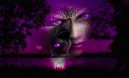 Girl and Cat, black, art, girl, cat, beautiful, woman, purple, digital, reflection, fantasy, water HD wallpaper