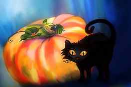 Pumpkin & Cat, black cat, kitty, cats, cute, colors, paintings, digital art, creative pre-made, pumpkins, love four seasons, halloween, pretty, animals, lovely HD wallpaper