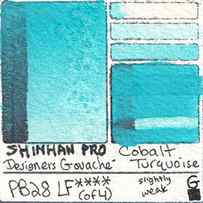 PB28 Shinhan Pro Designers Gouache Cobalt Turquoise fugitive dye pigment color lightfast fade test swatch card art image